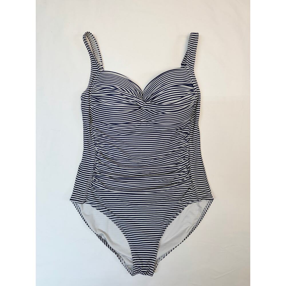 Nip Tuck Swim One Piece Swimsuit US 6 Navy White Stripe Tummy Control Ruched